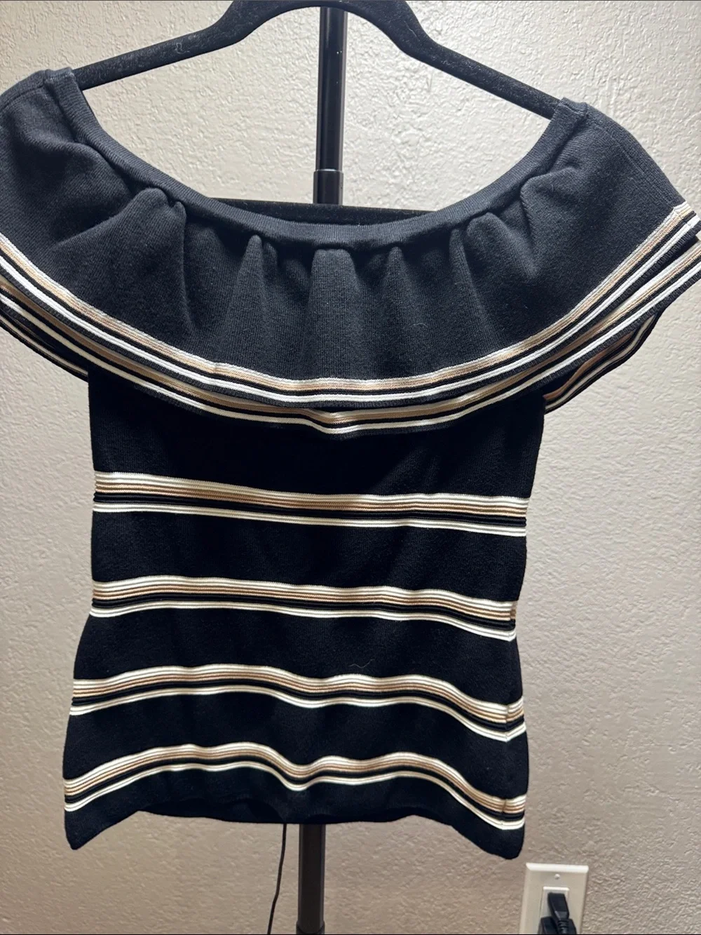 White House Black Market Black Knit Top with Cream & Tan Stripes